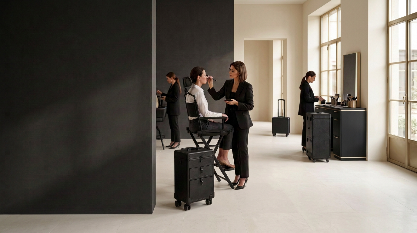 AI editorial of an ivory and charcoal Attrevo studio with champagne-gold accents, a makeup artist and seated client, and compact rolling cases at separate workstations