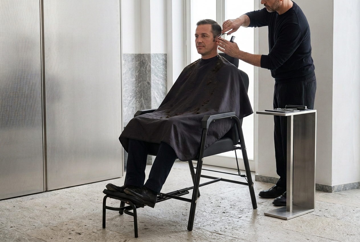 AI editorial of a black barber chair in professional use